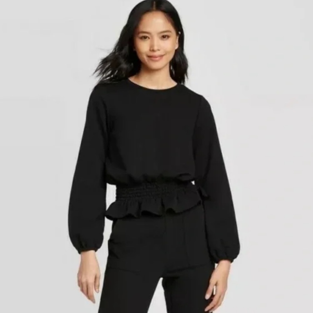 Who What Wear long sleeve peplum top with cinching waist black plus size